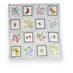 Handkerchief Vintage Printed Flowers Insects Pastel Nature Colors White Square